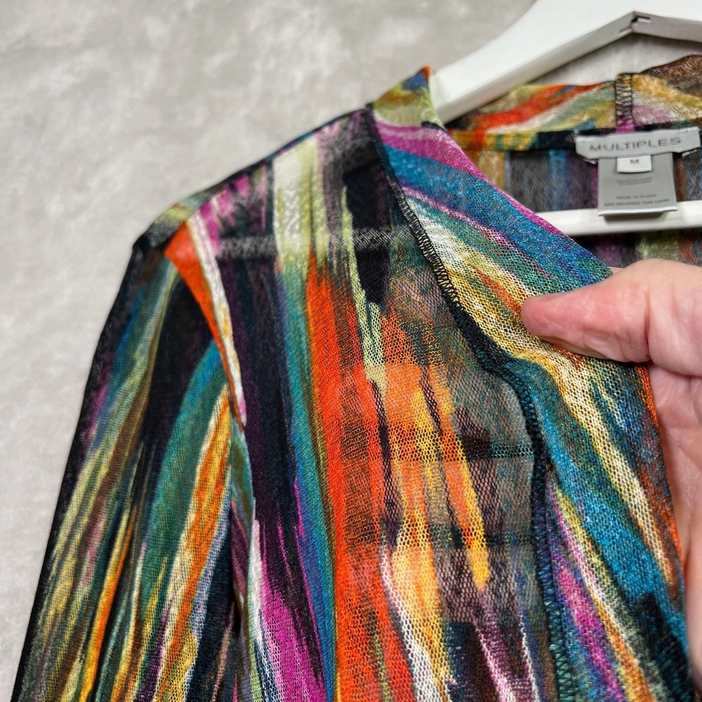 Multiples Abstract Print M Sheer Mesh Open Front Cardigan Layering Jacket Artsy - Picture 3 of 8